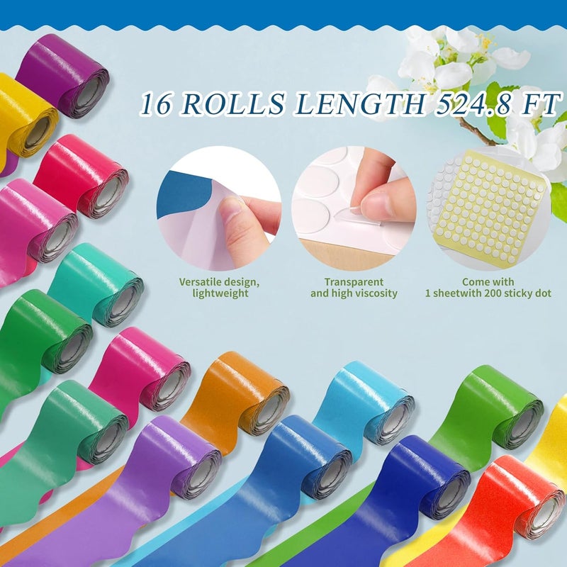DASTTUIS 16 Rolls 524.8 Ft Colorful Bulletin Board Borders Set - Bright Scalloped Trim for Classroom Decor, Office, School Decorations - Teacher Borders for Bulletin Boards, Wall & Theme Supplie - Image 2